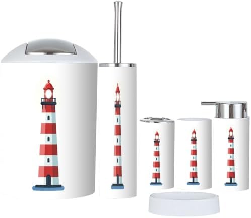 6 Piece Bathroom Accessory Set Red White Lighthouse