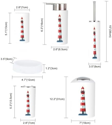 6 Piece Bathroom Accessory Set Red White Lighthouse