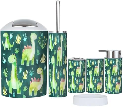 Boho Bathroom Accessory Set with Dinosaurs and Plants