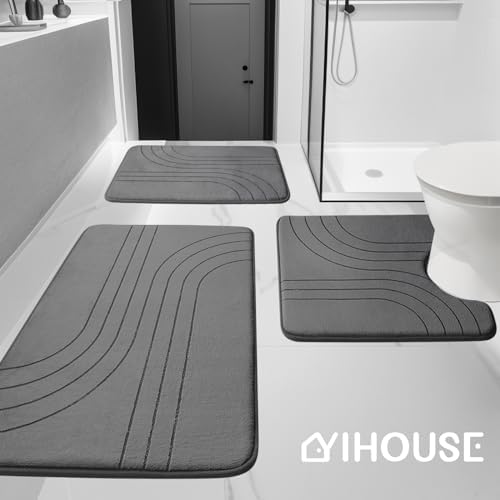 YIHOUSE 3 Piece Bath Mat Set Dark Grey