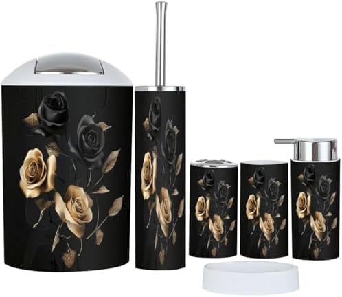 Boho Gold Black Roses Bathroom Accessory Set 6 Piece