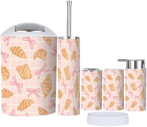 6 Piece Bathroom Accessory Set with Pink Bow and Croissant Design