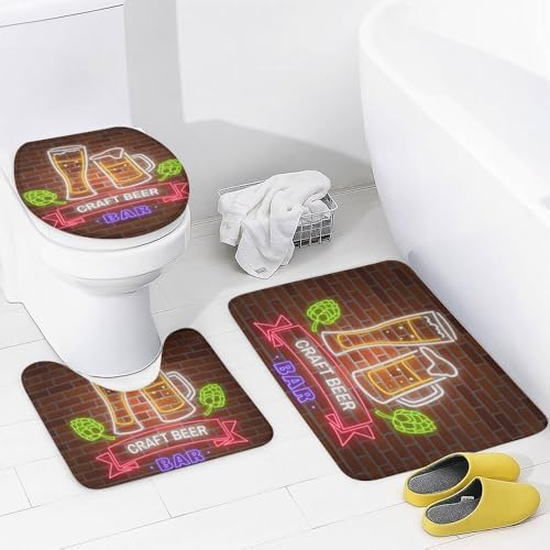 Kuizee Retro Neon Shower Curtain Set with 4 Piece Rugs