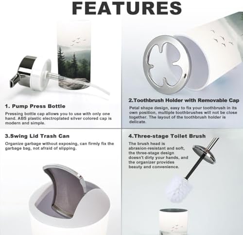 6 Piece Mountain Foggy Forest Bathroom Accessory Set