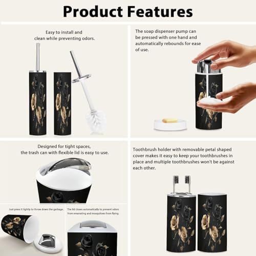 Boho Gold Black Roses Bathroom Accessory Set 6 Piece