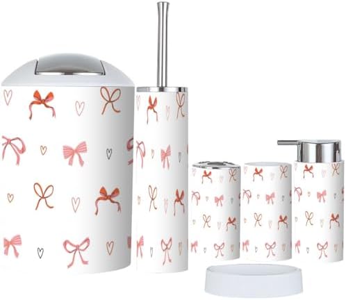 6 Piece Bathroom Accessory Set Pink Red Seamless Pattern 1