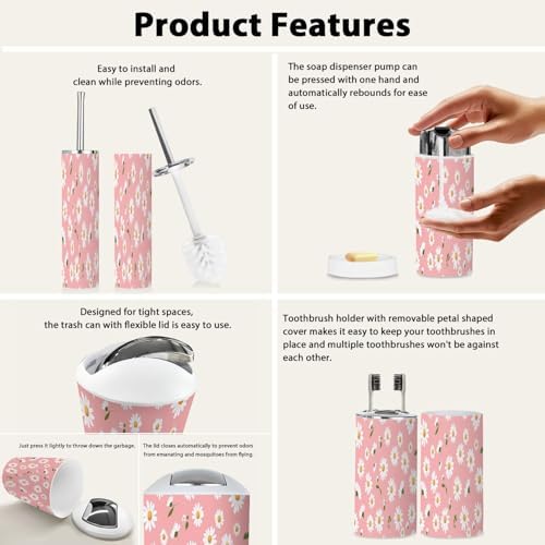 Boho Bathroom Accessory Set 6 Piece Modern White Flower Green Leaves Design