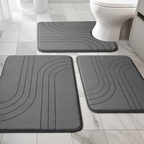 YIHOUSE 3 Piece Bath Mat Set Dark Grey