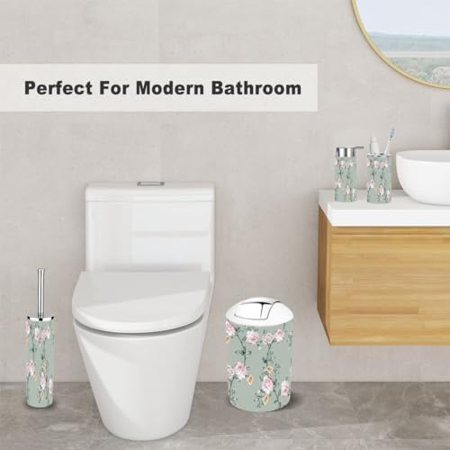 6 Piece Bathroom Accessory Set Pink Brown Flowers Green Leaves