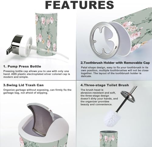 6 Piece Bathroom Accessory Set Pink Brown Flowers Green Leaves