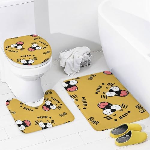 Kuizee Cartoon Tiger Face Shower Curtain Set with 4 Piece Rugs