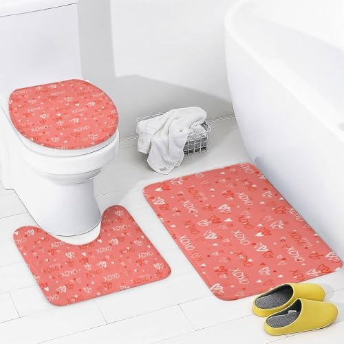Kuizee 4-Piece Shower Curtain Set with Rugs Hearts Design