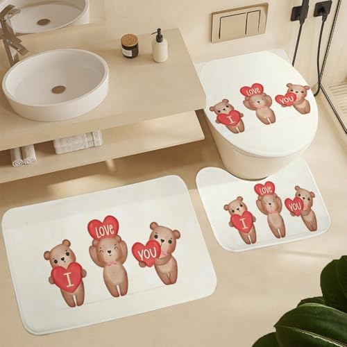 Kuizee 4-Piece Shower Curtain Set with Brown Teddy Bear Rugs