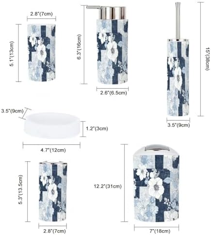 Boho Denim Patchwork Trash Can and Bathroom Accessories Set