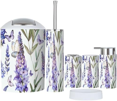 6 Piece Bathroom Accessory Set with Butterfly Lavender Design