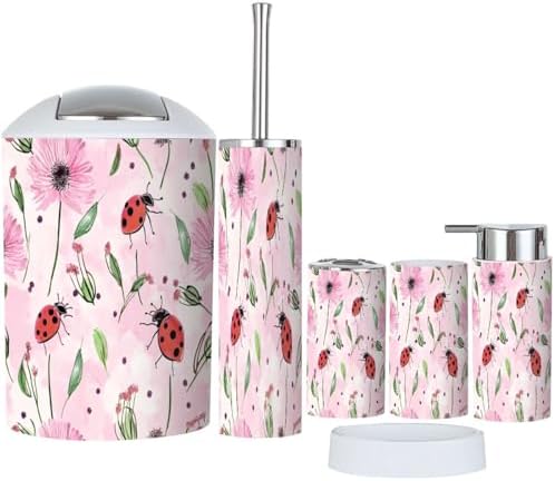Boho Bathroom Accessory Set 6 Piece with Dandelion Flowers and Ginkgo Leaves