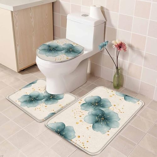 Wotrend Spring 3 Piece Bath Rug Set Modern Floral Linen Texture