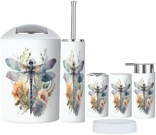 6 Piece Watercolor Dragonfly Bathroom Accessory Set