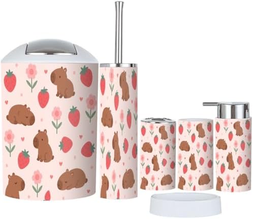 Boho Cute Strawberry Pink Hearts Bathroom Accessory Set 6 Piece