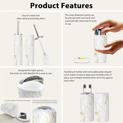 Boho Bathroom Accessory Set 6 Piece White Marble Style
