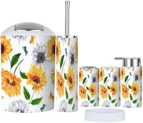 6 Piece Bathroom Accessory Set with Sunflowers and Butterflies Design