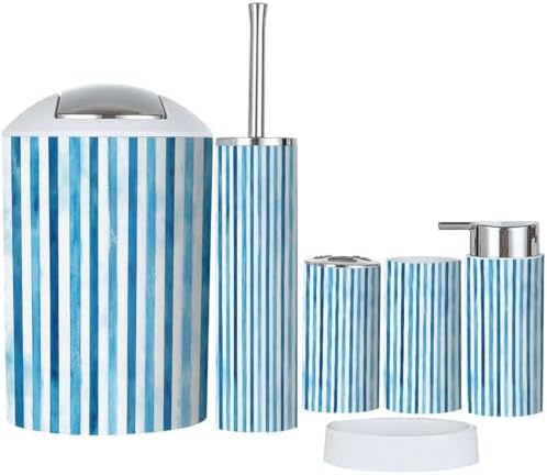 Boho Bathroom Accessory Set 6 Piece Teal Blue Stripes
