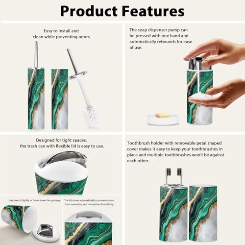 Boho Bathroom Accessory Set 6 Piece in White Marble and Green Agate