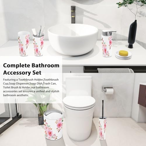 Boho Peach Rose Flower Bathroom Accessory Set 6 Piece