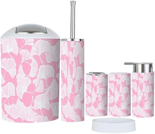 Boho Bathroom Accessory Set 6 Piece White Ginkgo Leaves