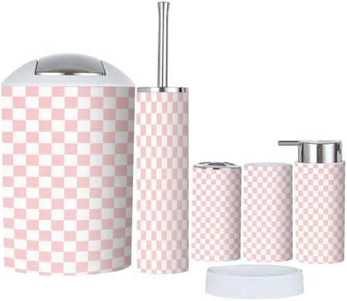Boho Pink Checkerboard Bathroom Accessory Set 6 Piece