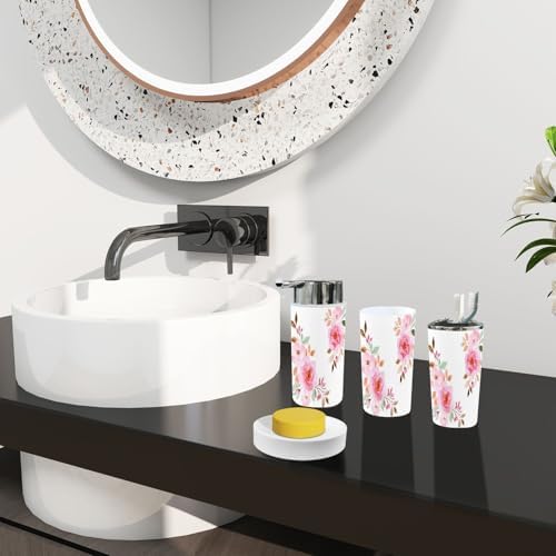 Boho Peach Rose Flower Bathroom Accessory Set 6 Piece
