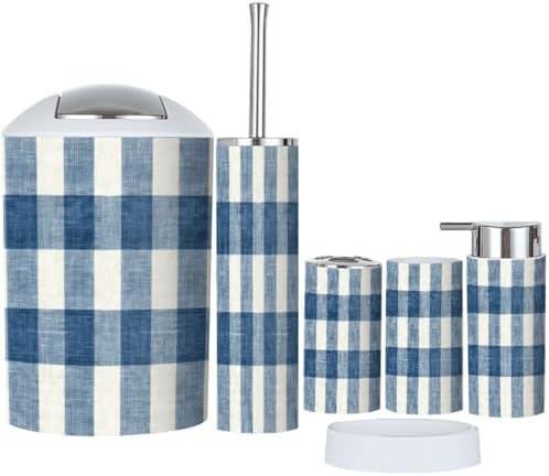 Boho Bathroom Accessory Set 6 Piece Blue Gingham 1