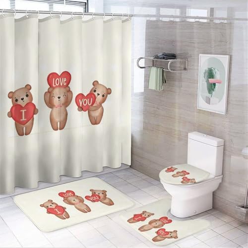 Kuizee 4-Piece Shower Curtain Set with Brown Teddy Bear Rugs