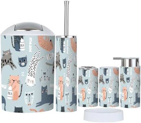 6 Piece Bathroom Accessory Set with Funny Cat Design