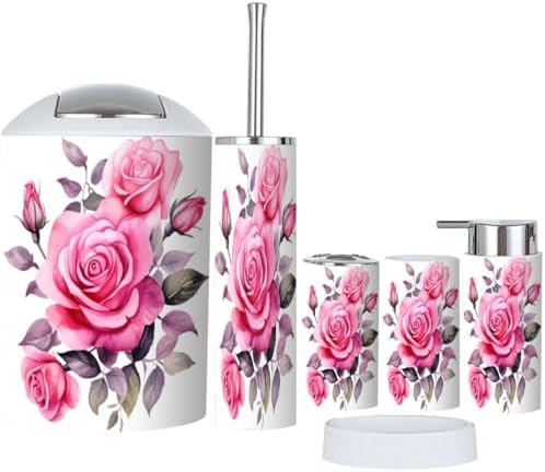 Pink Rose Flower Bathroom Accessory Set 6 Piece