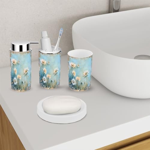 Ornate White Daisies Bathroom Accessory Set 6 Piece 1