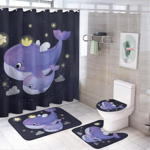 Kuizee 4-Piece Whale Motherhood Shower Curtain Set with Non-Slip Rugs