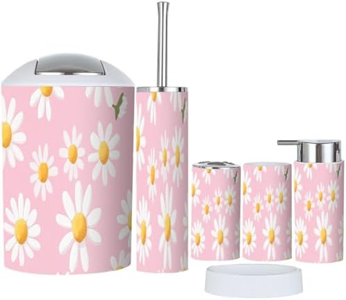 Boho 6 Piece Bathroom Accessory Set White Daisies