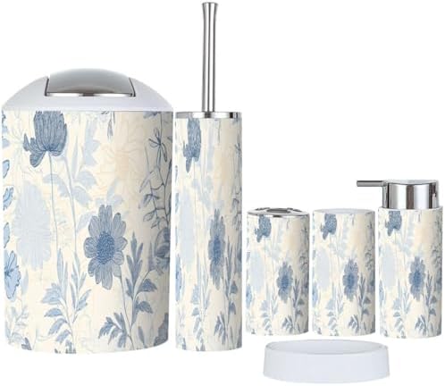 Boho Abstract Linen Textured Bathroom Accessory Set 6 Piece