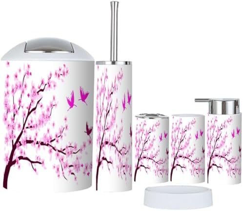 Cherry Blossom Birds Bathroom Accessory Set 6 Piece 1