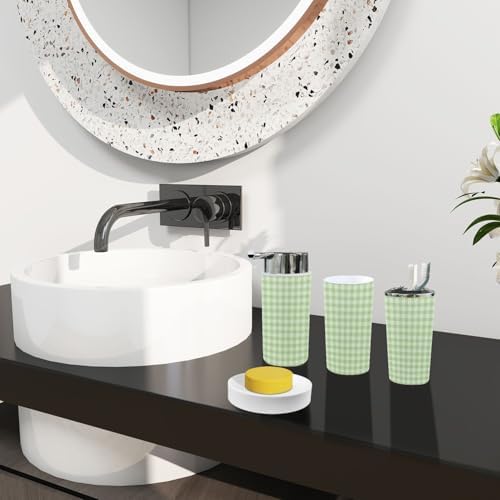 Boho Green White Plaid Bathroom 6-Piece Accessory Set