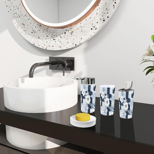 Boho Denim Patchwork Trash Can and Bathroom Accessories Set