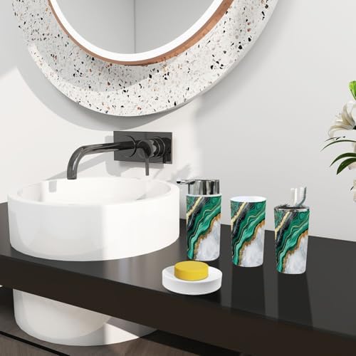 Boho Bathroom Accessory Set 6 Piece in White Marble and Green Agate