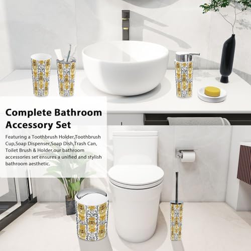 Boho Gold Damask Bathroom Accessory Set 6 Piece