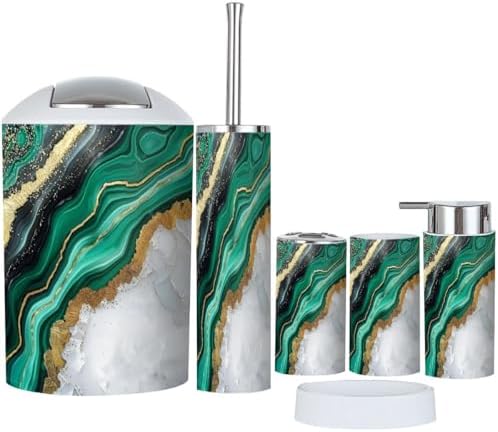 Boho Bathroom Accessory Set 6 Piece in White Marble and Green Agate