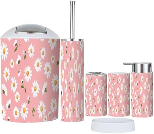 Boho Bathroom Accessory Set 6 Piece Modern White Flower Green Leaves Design