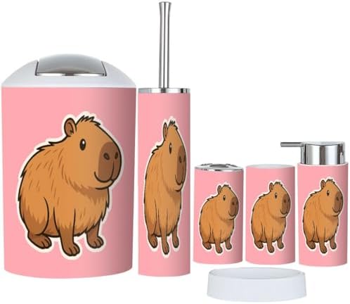 Boho Cartoon Capybara Bathroom Accessories Set 6 Piece