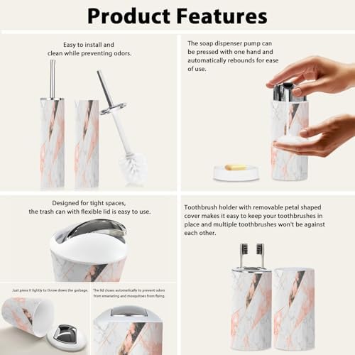 Boho Rose Gold Marble Bathroom Accessories Set 6 Piece 1