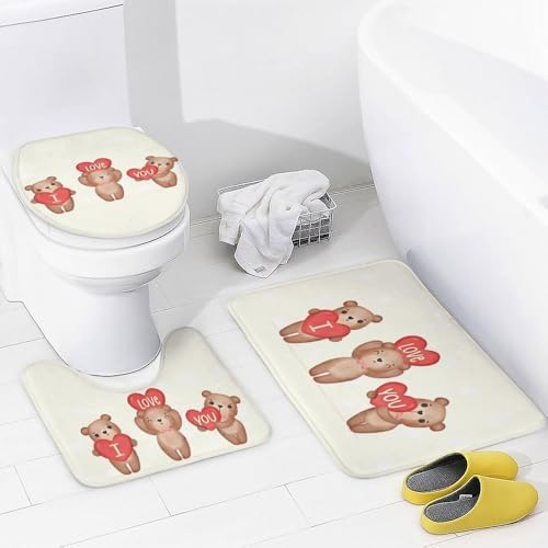 Kuizee 4-Piece Shower Curtain Set with Brown Teddy Bear Rugs
