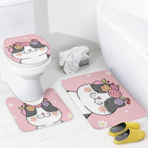 Kuizee 4-Piece Happy Cat Flower Shower Curtain Set with Rugs and Hooks